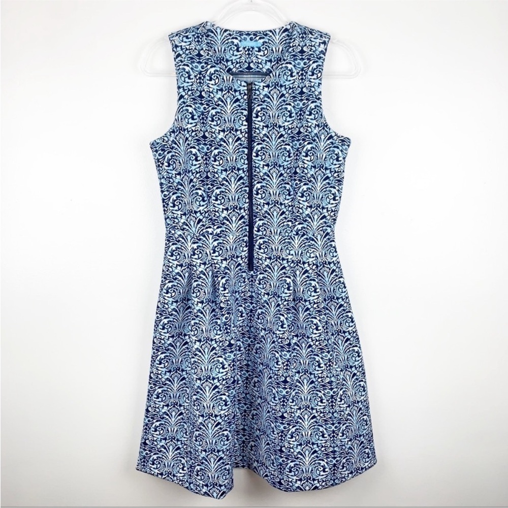 J. McLaughlin Blue Patterned Scuba Zip Front A-Line Active Dress